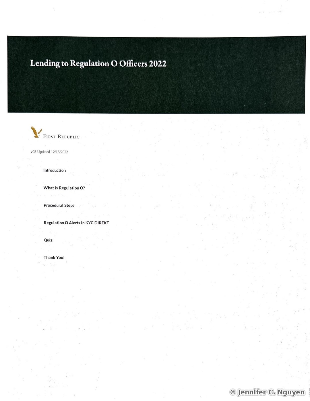 Lending to Regulation O Officers 2022 course title page with a dark charcoal header band holding a white serif title, First Republic eagle logo below on a white background, version text reading v08 Updated 12/15/2022, and a vertical lesson list reading Introduction, What is Regulation O?, Procedural Steps, Regulation O Alerts in KYC DIREKT, Quiz, and Thank You!