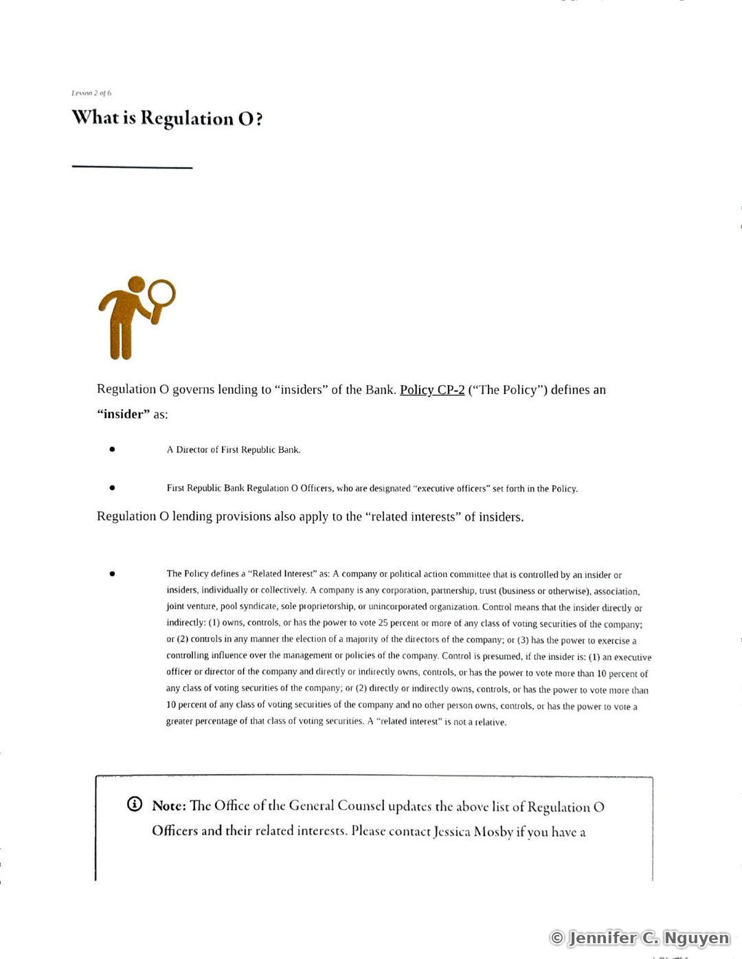 What is Regulation O? slide numbered Lesson 2 of 6 with a gold magnifying-glass icon, explaining that Policy CP-2 defines an insider as a Director of First Republic Bank or a designated Regulation O Officer, that lending provisions also apply to related interests, and a bulleted definition of Related Interest covering ownership and control thresholds of 25 percent or more of voting securities, or a presumption of control at more than 10 percent