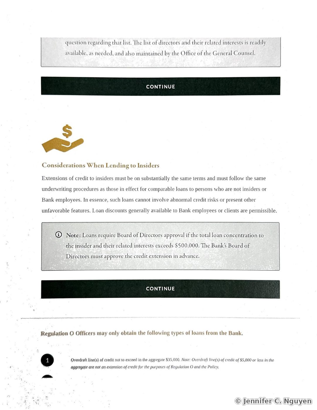 Considerations When Lending to Insiders slide with a gold hand-holding-a-dollar icon, stating that extensions of credit to insiders must be on substantially the same terms as comparable loans to non-insiders, a callout note that loans require Board of Directors approval in advance if total loan concentration to the insider and related interests exceeds $500,000, and the start of a numbered list of allowable loan types beginning with overdraft lines of credit not exceeding $35,000 in the aggregate
