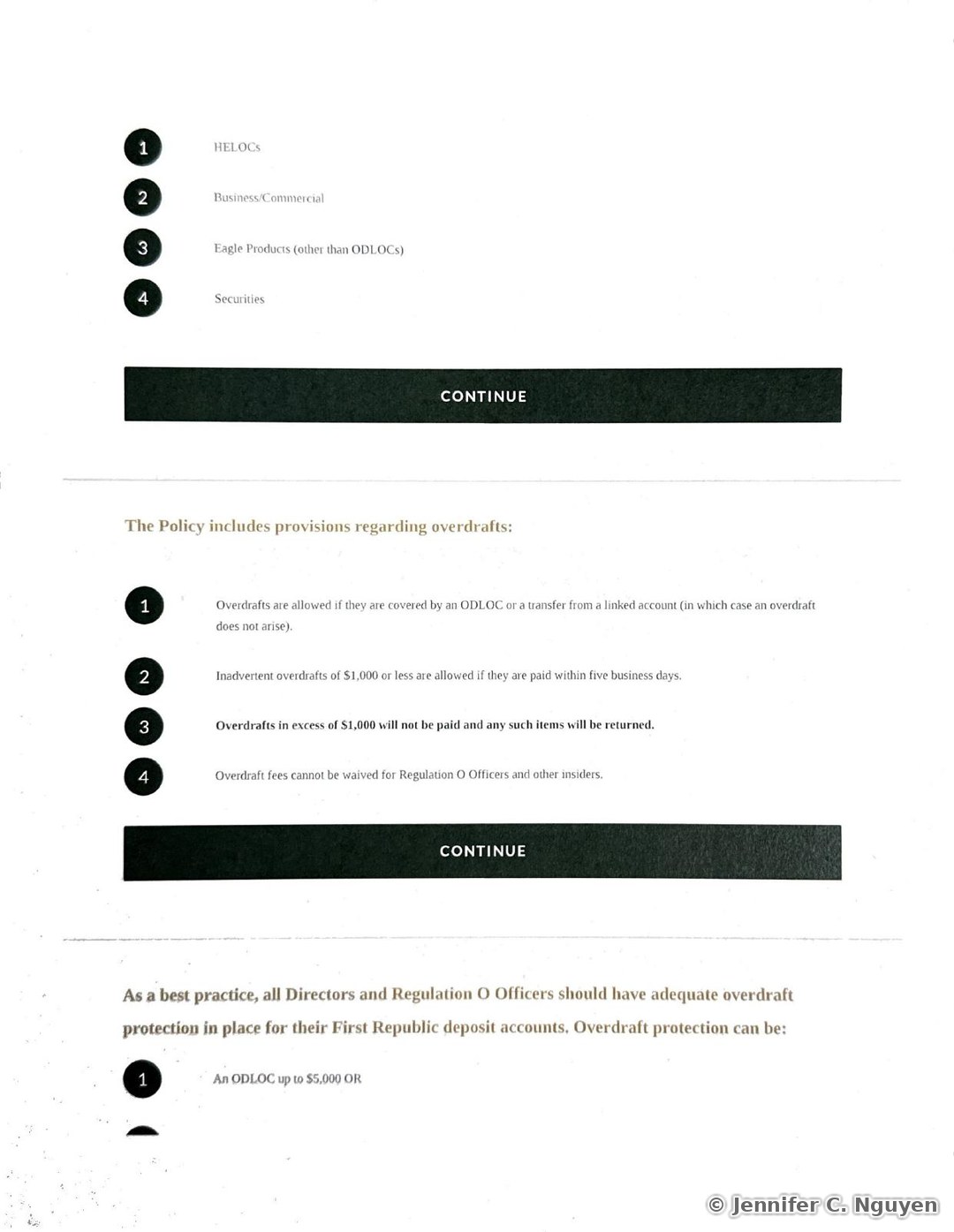 Slide listing loan types the Bank does not make to Regulation O Officers or Directors — HELOCs, Business/Commercial, Eagle Products other than ODLOCs, and Securities — followed by a Policy overdraft provisions section stating inadvertent overdrafts of $1,000 or less are allowed if paid within five business days, overdrafts in excess of $1,000 will not be paid, and overdraft fees cannot be waived for insiders, and the start of a best-practice list on adequate overdraft protection