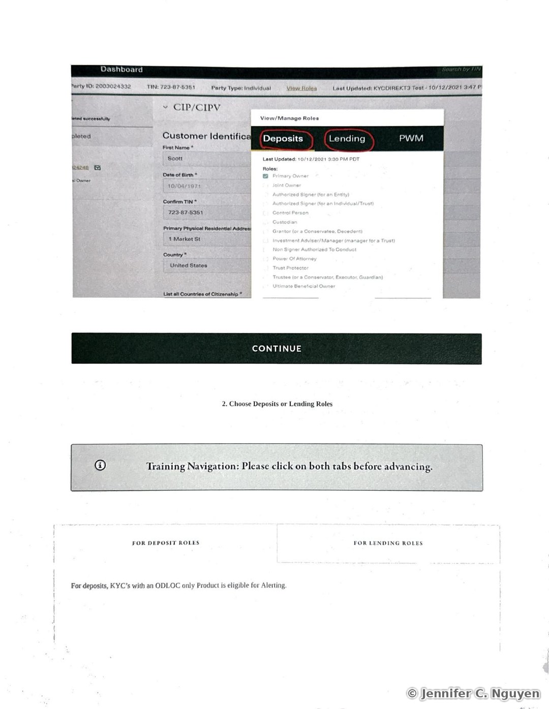 KYC DIREKT dashboard screenshot for a sample party named Scott Smith, showing a CIP/CIPV Customer Identification panel on the left and a View/Manage Roles panel on the right with Deposits and Lending tabs circled in red, a Roles checklist including Primary Owner, Joint Owner, Trustee, and Ultimate Beneficial Owner, and a Training Navigation note instructing the user to click on both tabs before advancing