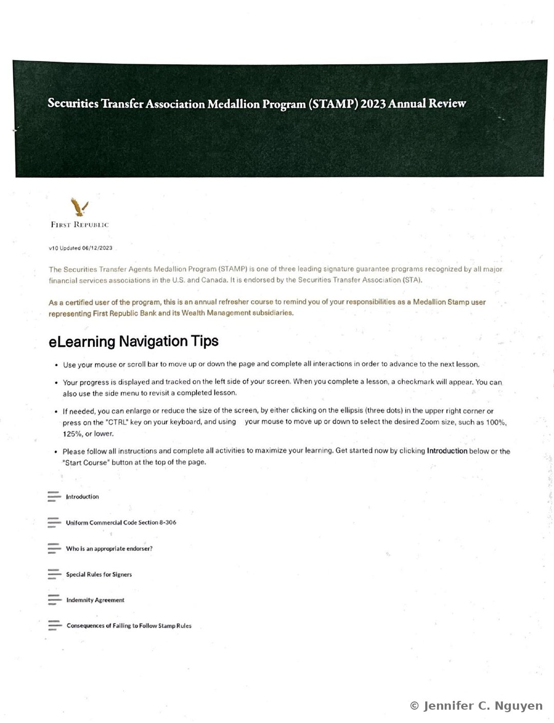 Securities Transfer Association Medallion Program (STAMP) 2023 Annual Review course title page with a dark forest-green textured header band holding a white serif title, First Republic eagle logo below on a white background, version text reading v10 Updated 06/12/2023, eLearning Navigation Tips introducing the scroll-to-advance interface, and the start of a vertical lesson menu listing Introduction, Uniform Commercial Code Section 8-306, Who is an appropriate endorser?, Special Rules for Signers, Indemnity Agreement, and Consequences of Failing to Follow Stamp Rules