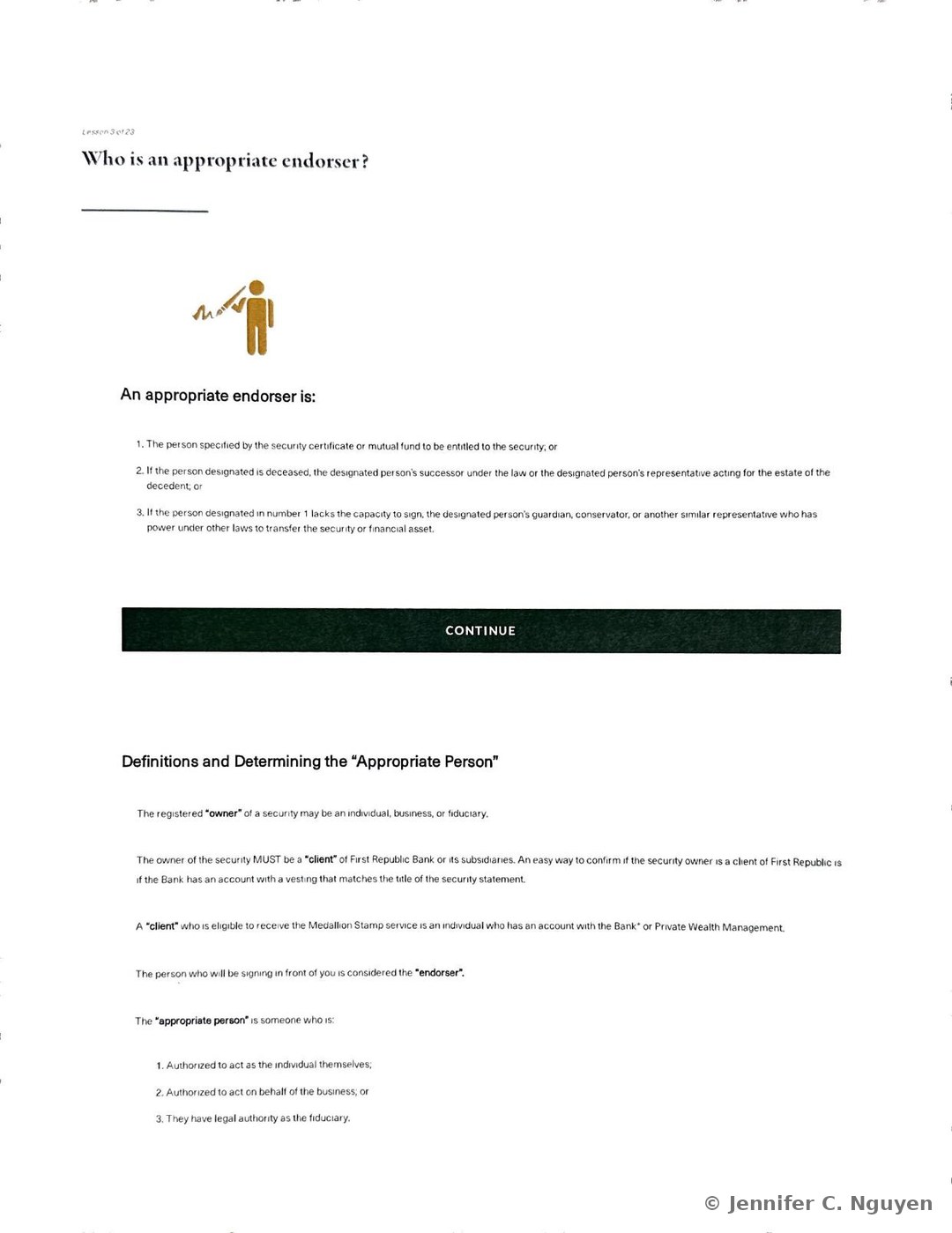 Who is an appropriate endorser lesson defining an appropriate endorser as the person specified by the security certificate or mutual fund, or if that person is deceased their legal successor or estate representative, or if that person lacks capacity to sign their guardian or conservator, followed by Definitions and Determining the Appropriate Person text distinguishing the registered owner, the client, the endorser, and the appropriate person