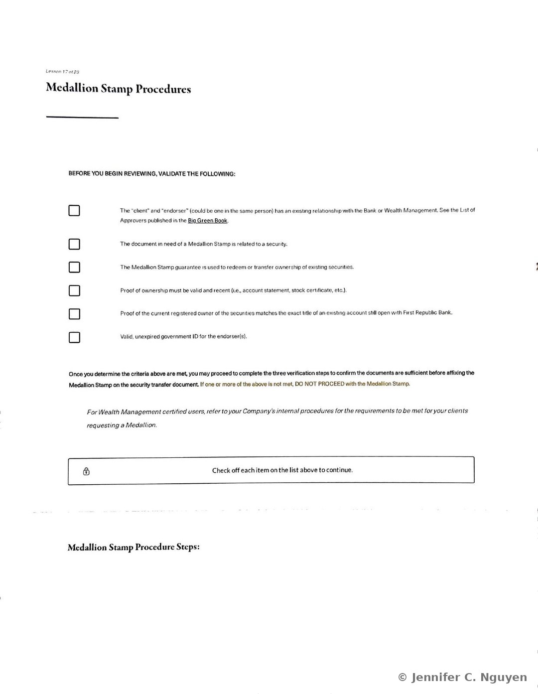 Medallion Stamp Procedures lesson with a pre-review checkbox checklist confirming the client and endorser relationship, security-related document, redemption or transfer purpose, valid proof of ownership, matching registered owner title, and unexpired government ID, followed by a lock-icon gate reading Check off each item on the list above to continue and a Medallion Stamp Procedure Steps heading