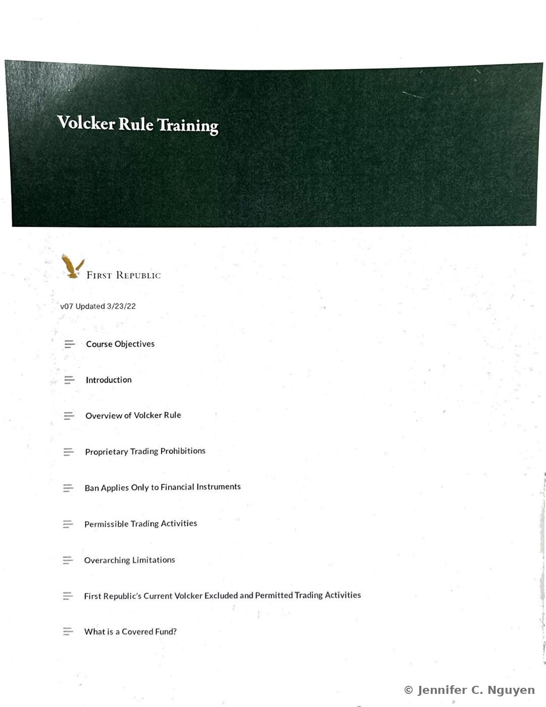 Volcker Rule Training course title page with a dark charcoal header band holding a white serif title, First Republic eagle logo below on a white background, version and update-date text, and a vertical lesson menu listing Course Objectives, Introduction, Overview of Volcker Rule, Proprietary Trading Prohibitions, Ban Applies Only to Financial Instruments, Permissible Trading Activities, Overarching Limitations, First Republic's Current Volcker Excluded and Permitted Trading Activities, and What is a Covered Fund