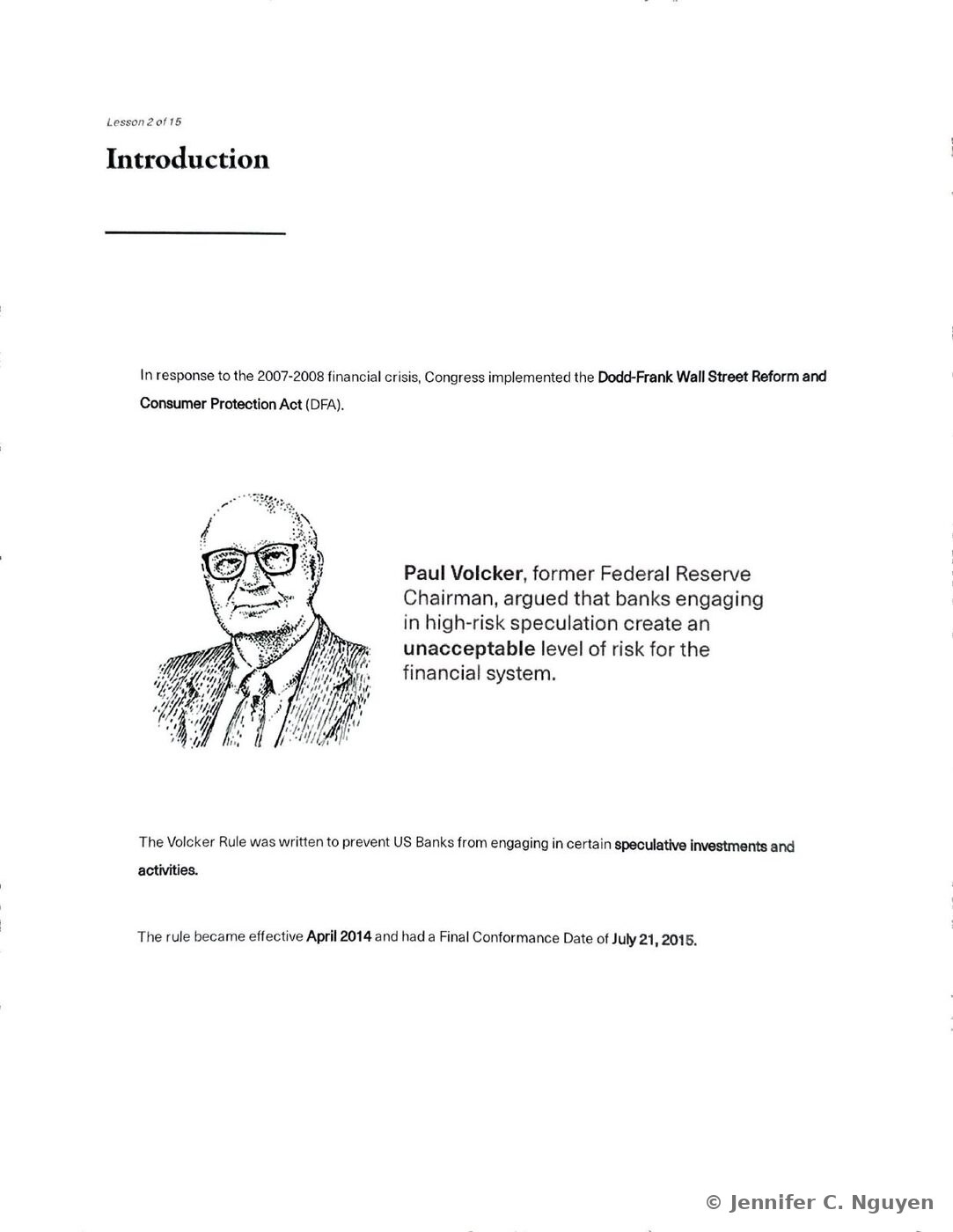 Introduction slide referencing the Dodd-Frank Wall Street Reform and Consumer Protection Act passed after the 2007-2008 financial crisis, with a black-and-white line-drawn portrait illustration of former Federal Reserve Chairman Paul Volcker in glasses and a suit, accompanying bold text on banks engaging in high-risk speculation, and paragraphs noting the rule's April 2014 effective date and July 21, 2015 conformance date