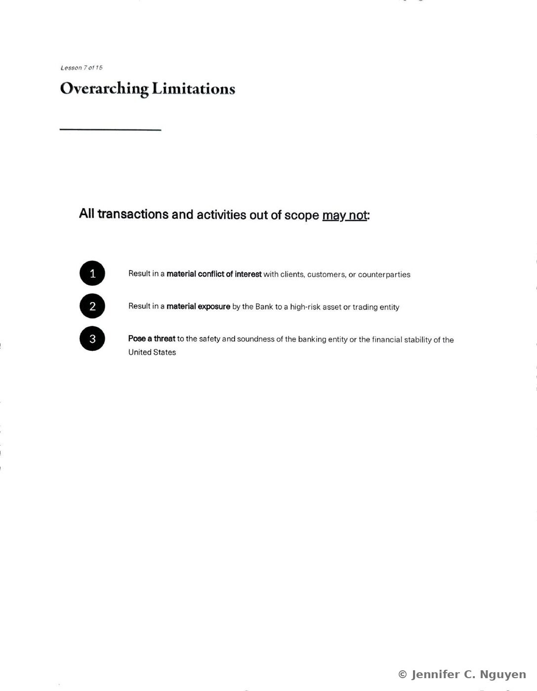 Overarching Limitations slide stating that all transactions and activities out of scope may not result in a material conflict of interest, result in a material exposure to a high-risk asset or trading entity, or pose a threat to safety and soundness, each paired with a bold black numbered circle icon reading 1, 2, or 3