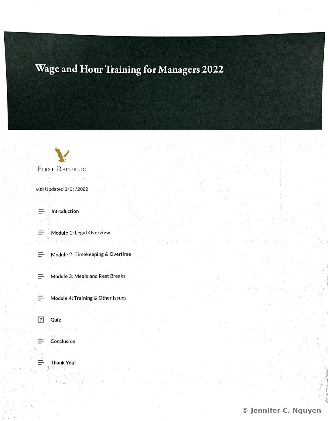 Wage and Hour Training for Managers 2022 course title page with a dark charcoal header band holding a white serif title, First Republic eagle logo below on a white background, version text reading v08 Updated 3/01/2022, and a vertical lesson menu listing Introduction, Module 1 Legal Overview, Module 2 Timekeeping and Overtime, Module 3 Meals and Rest Breaks, Module 4 Training and Other Issues, Quiz, Conclusion, and Thank You