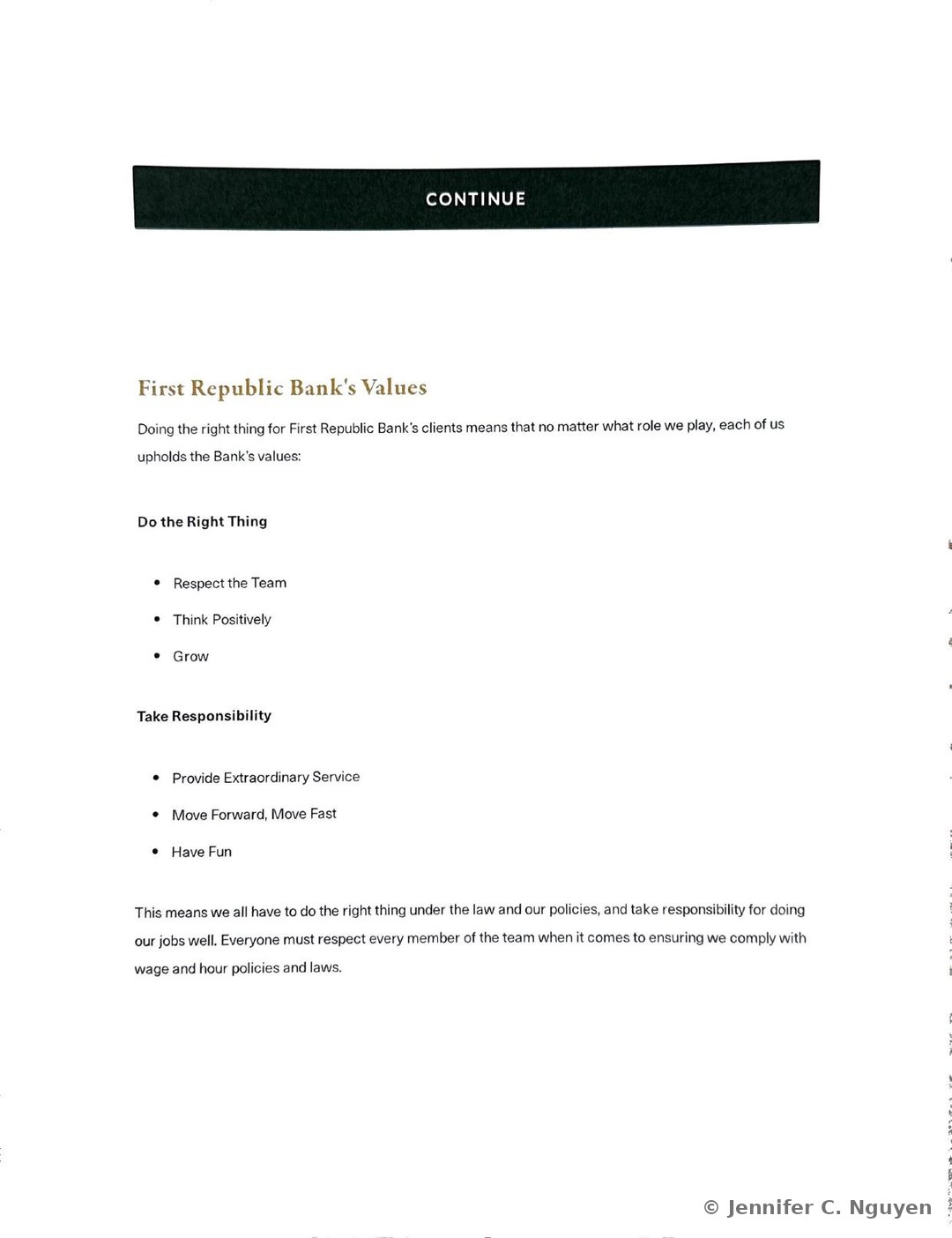First Republic Bank's Values slide with a gold heading, introductory paragraph text, a Do the Right Thing bold subheading followed by Respect the Team, Think Positively, and Grow bullets, and a Take Responsibility bold subheading followed by Provide Extraordinary Service, Move Forward Move Fast, and Have Fun bullets