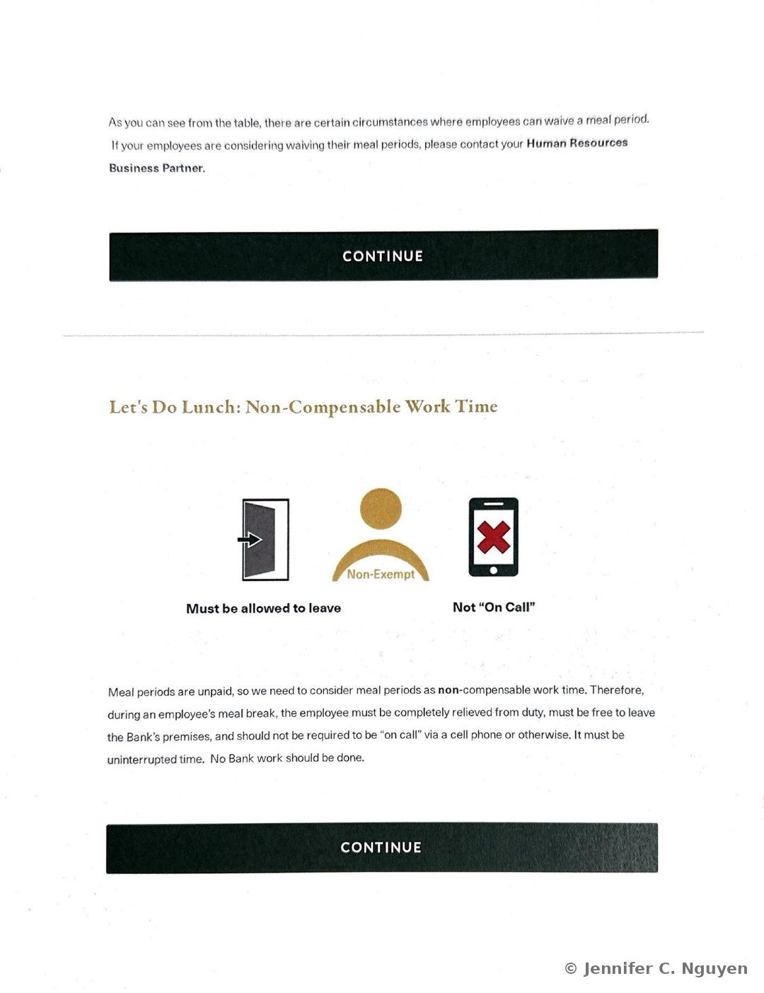 Let's Do Lunch: Non-Compensable Work Time gold heading with a row of three icons reading Must be allowed to leave over a door icon, Non-Exempt over a person icon, and Not On Call over a phone icon with a red X, followed by paragraph text explaining that during a meal break an employee must be completely relieved from duty, free to leave the premises, and not required to be on call, and a black Continue bar