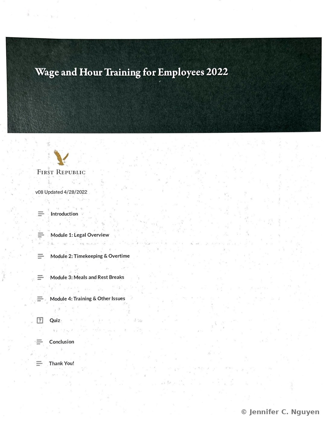 Wage and Hour Training for Employees 2022 course title page with a dark charcoal header band holding a white serif title, First Republic eagle logo below on a white background, version and update-date text, and a vertical lesson menu listing Introduction, Module 1 Legal Overview, Module 2 Timekeeping and Overtime, Module 3 Meals and Rest Breaks, Module 4 Training and Other Issues, Quiz, Conclusion, and Thank You