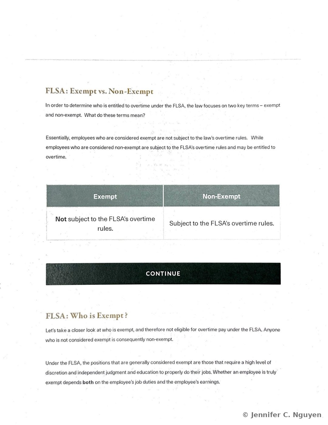 FLSA Exempt versus Non-Exempt slide with a black FLSA document icon at top, introductory text explaining the two key terms, and a two-column comparison table with a dark green header row reading Exempt and Non-Exempt, the left cell stating Not subject to the FLSA's overtime rules and the right cell stating Subject to the FLSA's overtime rules