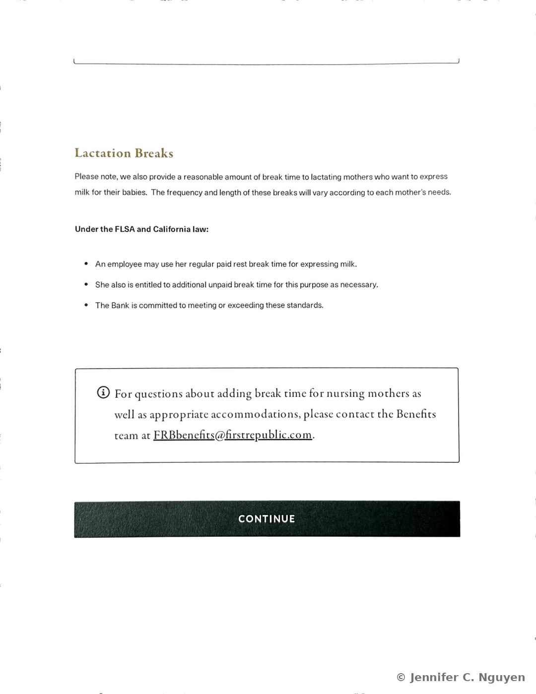 Lactation Breaks slide with a gold heading, paragraph text on providing reasonable break time to lactating mothers who want to express milk, a bulleted list covering use of paid rest break time, additional unpaid break time as necessary, and the Bank's commitment to meeting or exceeding FLSA and California standards, and a gray info callout box directing accommodation questions to the Benefits team email address