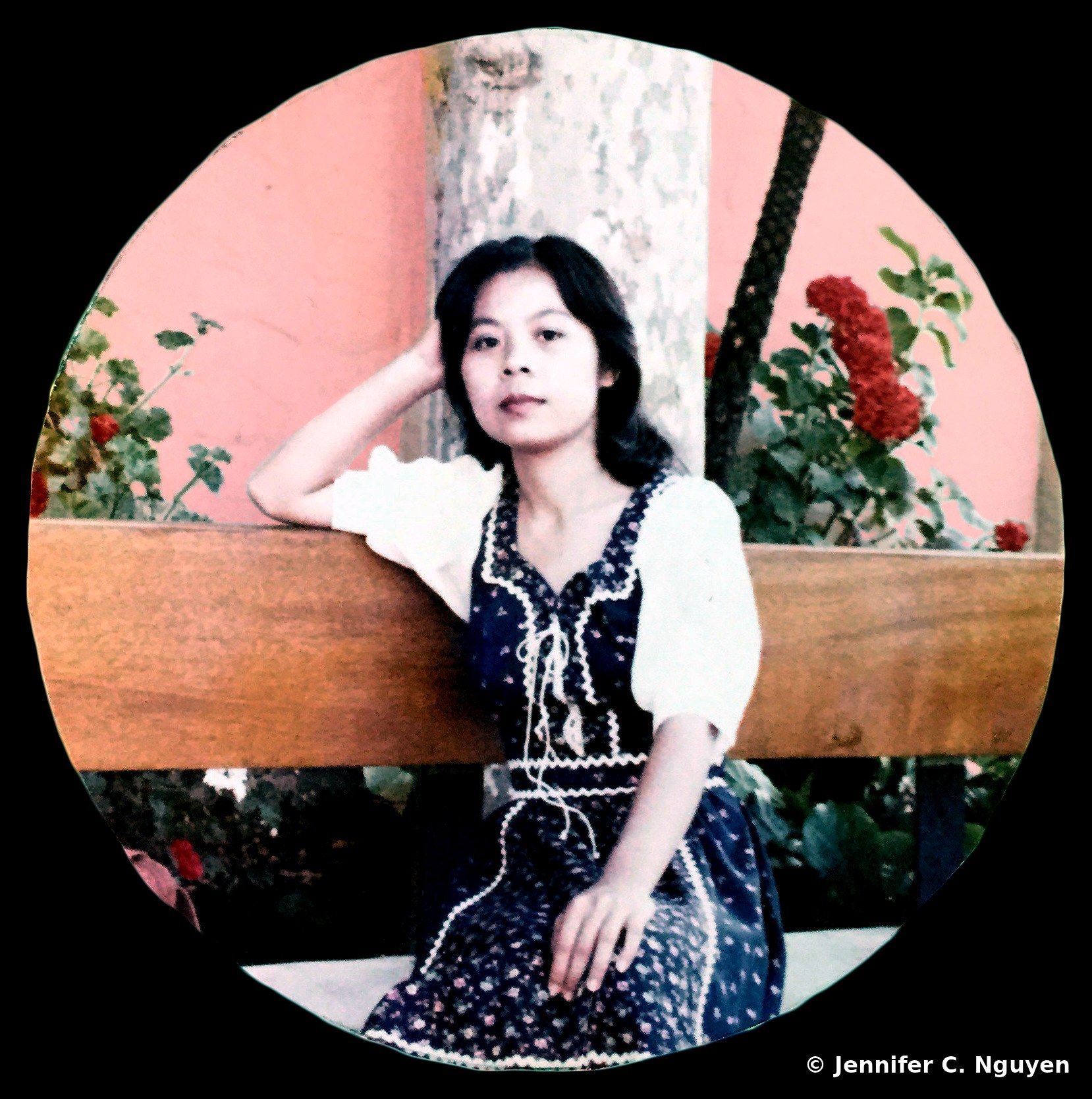 Restored version of the same photograph, isolated into a clean circular crop with corrected color, presented on a solid black backdrop